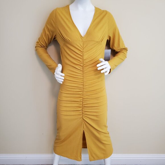 Velvet Torch Women's Mustard V-Neck Ribbed Knit Mid Dress SZ XL - Picture 3 of 10